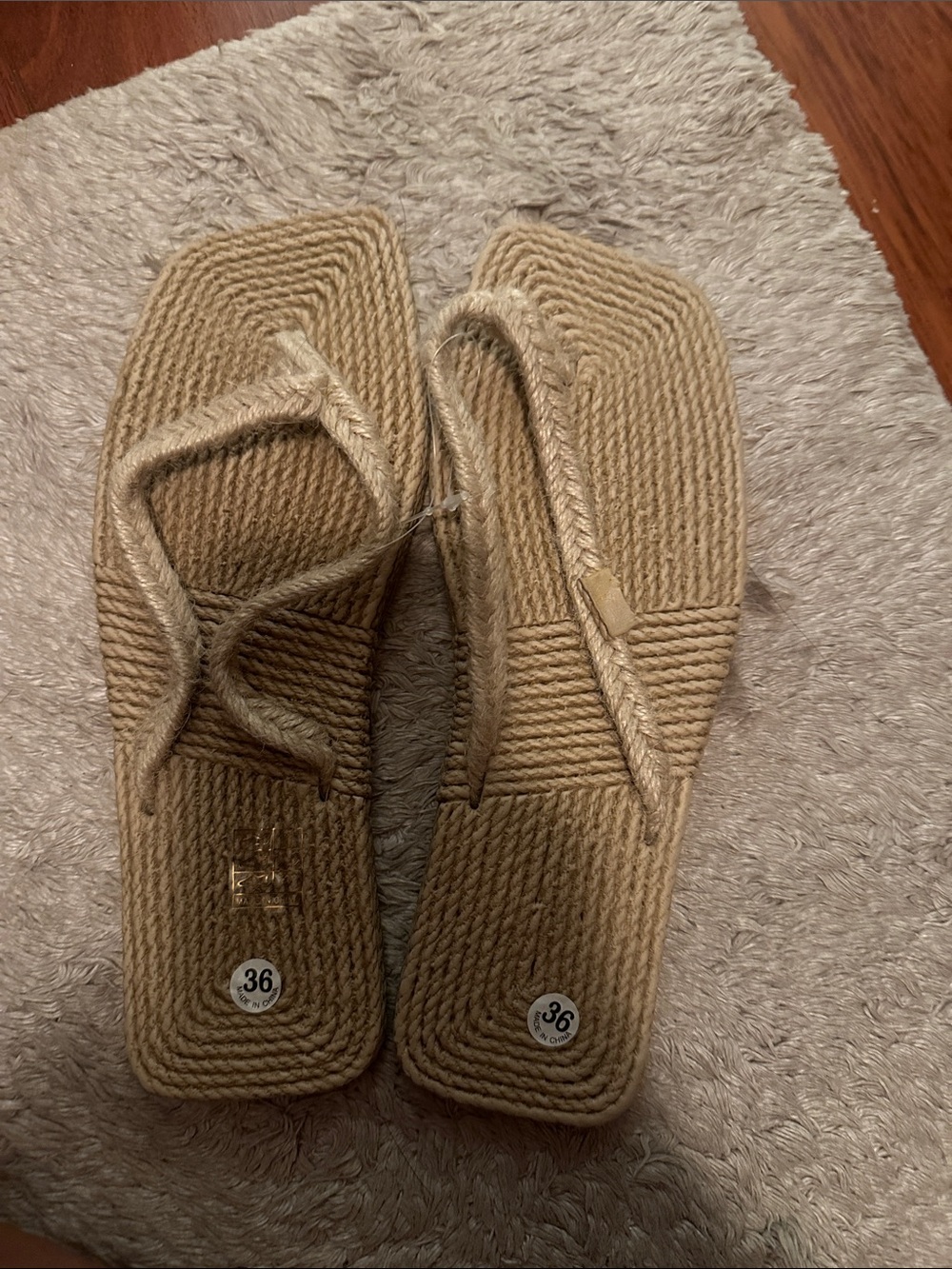 Natural Rope Square-Toe Flip Flop Sandals - Beige